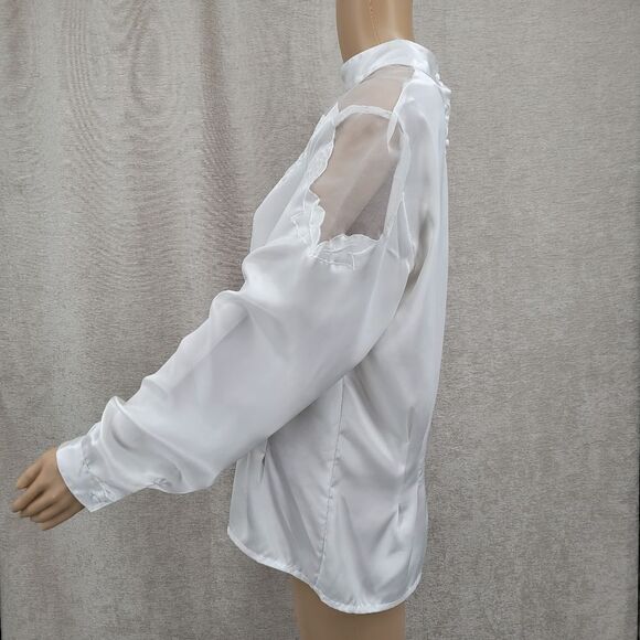 Susan Hutton Vintage White Satin Sheer Mesh Long Sleeve Blouse Women's Plus Size - Picture 4 of 9